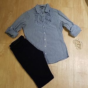 GAP Ruffle Front Pinstripe Button Down Shirt